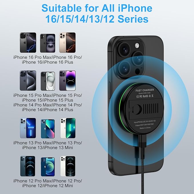 Wireless Charger Fast Charging Pad Magnetic Compatible for iPhone 16E/16 Pro Max/17e/17 Air/17 Pro Max/15/14/13,15W Wireless Charger Stand Station Kickstand Android Phone for Samsung Galaxy S26 Ultra