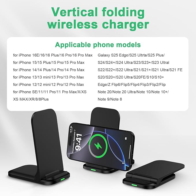 Foldable Samsung Wireless Charger Stand Fast Charging Android Phone Wireless Charger Pad 15W for Samsung Galaxy S25 Plus S25FE S25 Ultra S24 S23 S22, iPhone 16e/16 Plus/16 Pro Max, with 18W Adapter