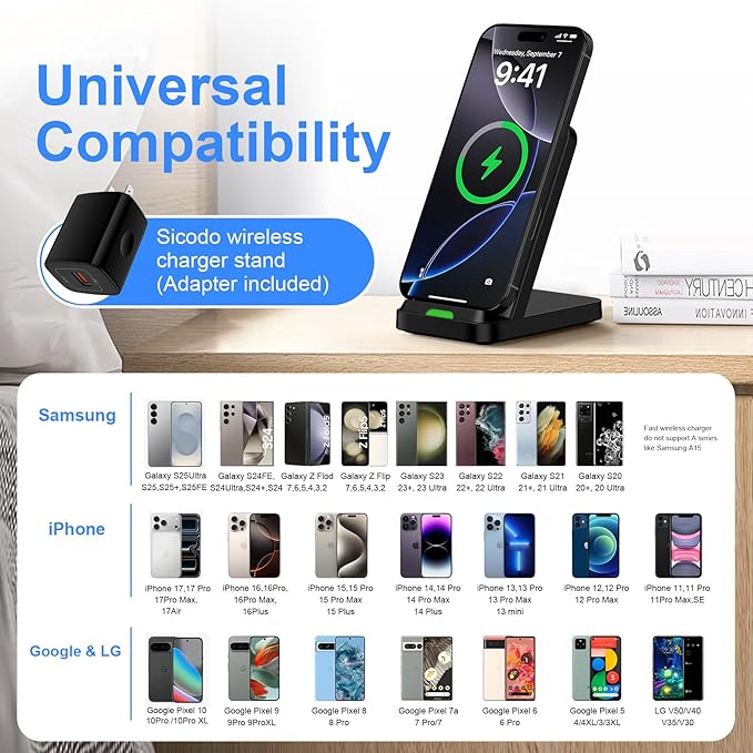 for Samsung Wireless Charger Fast Charging Stand for Galaxy S26Ultra/S25 Plus/S24FE/S23/S22/S21, Wireless Phone Charger Stand Android Desk Charging Station for Google Pixel 10 Pro/9a with 18W Adapter