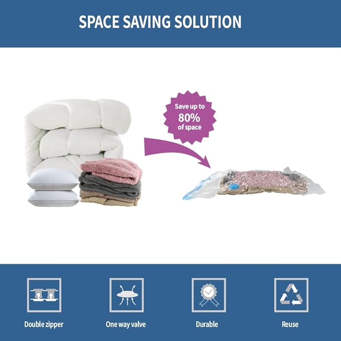 7 Pack Small Space Saver Vacuum Storage Bags for Clothing Travel, Vacuum Seal Compression Bags for Clothes, Packing, Luggage, Blankets, Comforters and Pillows, Hand Pump Included