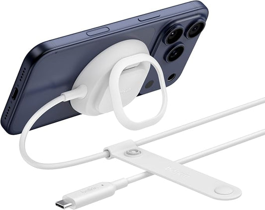 Belkin MagSafe Charger, Magnetic iPhone Charger w/ Qi2 25W, Fast Wireless Charging Pad w/Kickstand for iPhone 17 Series, Samsung Galaxy, Pixel 10, AirPods Pro, Travel - No Power Adapter, White