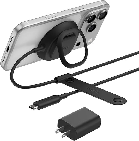 Belkin MagSafe Charger, Magnetic iPhone Charger w/ Qi2 25W, Fast Wireless Charging Pad w/Kickstand for iPhone 17 Series, Samsung Galaxy, Pixel 10, AirPods Pro, Travel - Adapter Included, Black