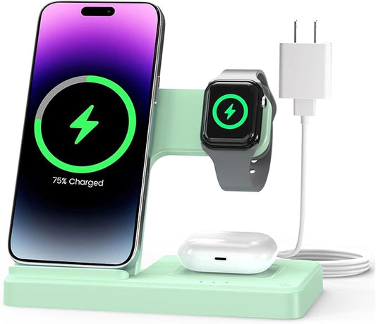 Wireless Charger Stand Charging Station: 3 in 1 Charger Multiple Devices for Apple iPhone 17 16e 16 15 14 Pro Max 13 12 11 for Watch 11 10 9 8 7 6 5 4 3 2 SE and Ultra & Airpods Series, Light Green
