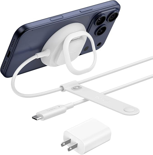 Belkin MagSafe Charger, Magnetic iPhone Charger w/ Qi2 25W, Fast Wireless Charging Pad w/Kickstand for iPhone 17 Series, Samsung Galaxy, Pixel 10, AirPods Pro, Travel - Adapter Included, White