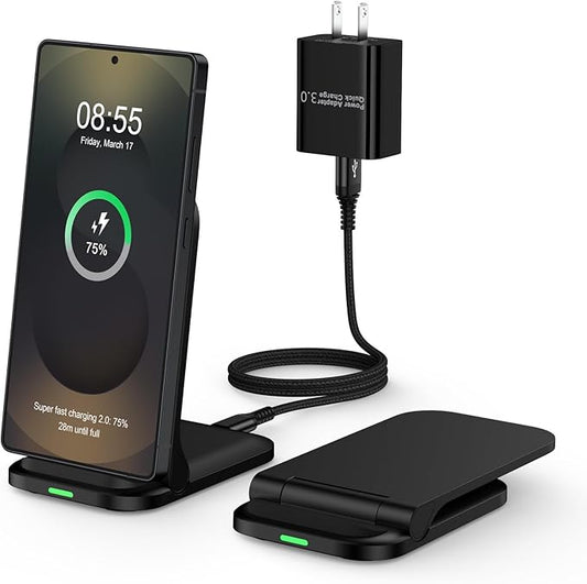 Foldable Samsung Wireless Charger Stand Fast Charging Android Phone Wireless Charger Pad 15W for Samsung Galaxy S25 Plus S25FE S25 Ultra S24 S23 S22, iPhone 16e/16 Plus/16 Pro Max, with 18W Adapter