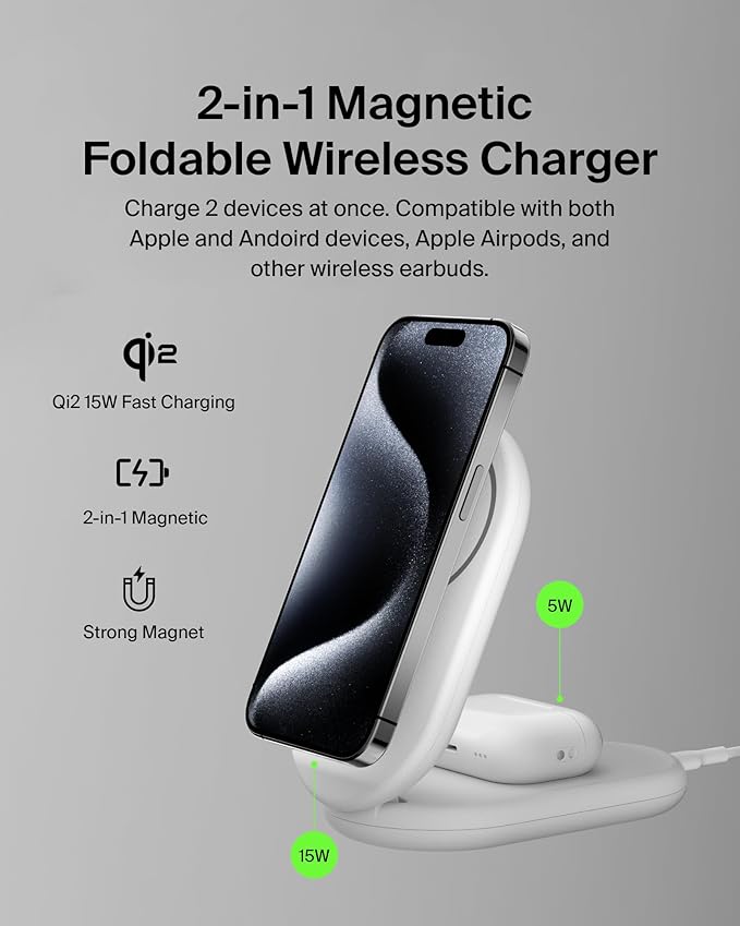 Belkin MagSafe-Compatible Charger, 2-in-1 Magnetic Foldable Charger 15W - Qi2-Certified Wireless Charging for Apple iPhone 16, Apple Watch, Samsung Galaxy S25 w/Non-Slip Base, PSU Included - White