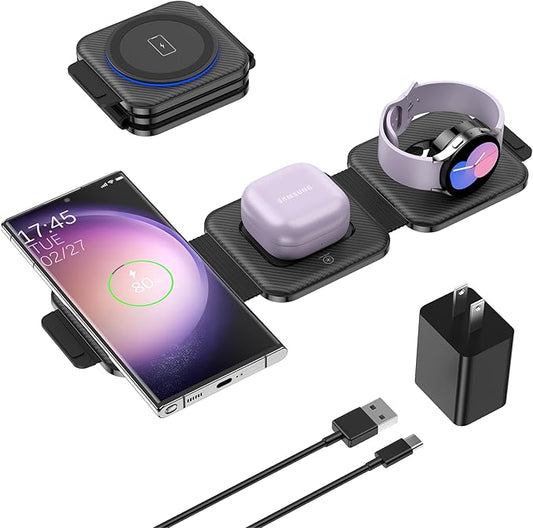 Travel Charger for Samsung Multi Devices, Foldable 3 in 1 Wireless Charging Station Fast Charging Stand/Pad Compatible for Samsung Galaxy S25/S24/S23/Note20 GalaxyWatch8/7/6 Galaxy Buds4
